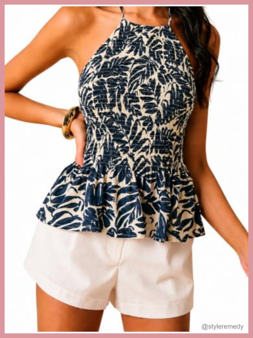 Boho Floral Halter Tank Top Slim Fit Shirred Backless Ruffle Hem